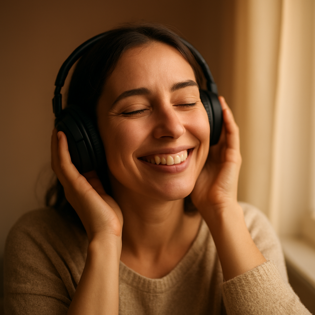 A person listening to music with headphones and a heartfelt smile
