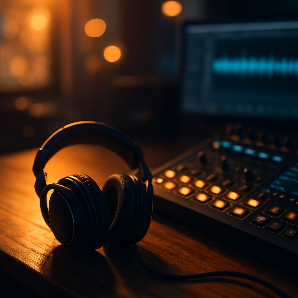 A pair of premium headphones resting on a desk beside a glowing audio mixing console