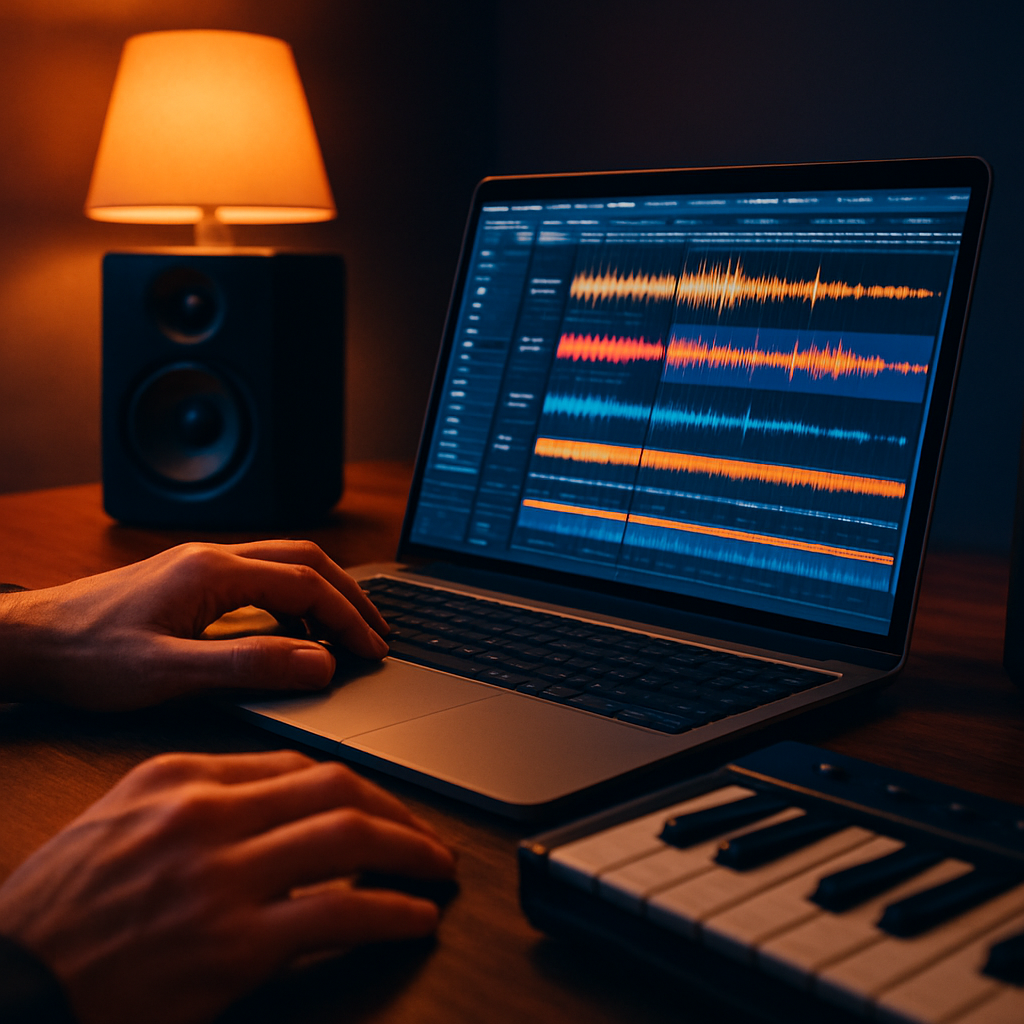 A producer's hands working in a digital audio workstation with colorful waveforms
